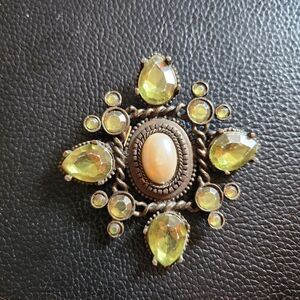 Elegant Green And Pearl Gemstone Brooch